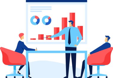 İş adamları, bir sunum toplantısında şirket stratejisini tartışıyor. Pozitif büyüme gösteren finansal grafikleri ve grafikleri analiz ediyor ve notlar alıyor.