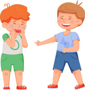 Çocukluk ilişkilerinde empati ihtiyacını vurgularken, çocuklar arasındaki zorbalık ve alaycılığı gösteren başka bir çocuğu işaret eden çocuk