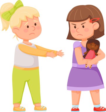 Selfish little girl is refusing to share her doll with her sad friend, showcasing a typical childhood conflict related to sharing and possession clipart