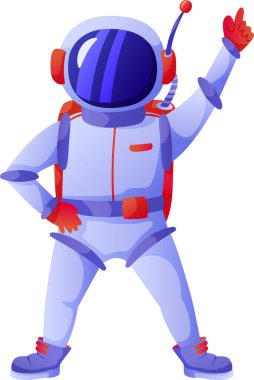 Uzay giysisi giyen astronot bir eliyle yukarı doğru işaret ederken diğer elini kalçasına koyar, bir yön önerir ya da yukarıdaki bir şeyi vurgular.