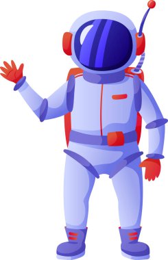 Modern uzay giysisi içinde astronot, kırmızı bir sırt çantası ve eldivenle tamamlanmış, heyecan verici bir uzay yürüyüşü ve uzayda maceralı bir keşfe hazırlanırken coşkuyla el sallıyor.
