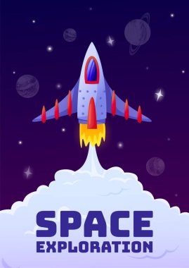 Çizgi film uzay gemisi, uzayın derinliklerindeki yeni gezegenleri keşfetmek ve kolonize etmek için Dünya 'dan kalkıyor. Arka planda duman bulutu ve yıldızlar var.