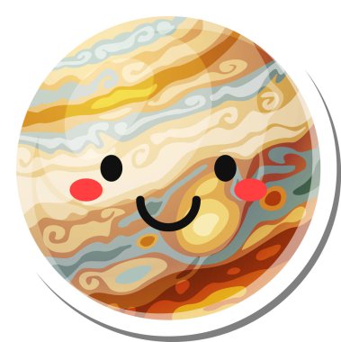 Cartoon representation of planet jupiter with a smiling face and rosy cheeks, designed as a sticker with white border, ideal for children s educational materials or space themed projects clipart