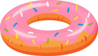 Büyük şişirilebilir pembe ve turuncu donut şekilli yüzme havuzu beyaz arka planda izole edilmiş rengarenk serpilmiş, yaz eğlencesi ve rahatlaması için mükemmel.