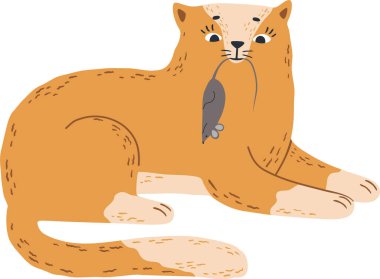 Cute ginger cat lying down holding a gray mouse in its mouth, simple cartoon illustration on white background, concept of pet, hunting, predator and prey clipart