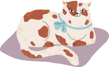 Sevimli benekli kedi canlı mor bir paspasın üzerinde rahat bir şekilde uzanıyor, şık mavi bir fiyonk takıyor, rahat bir atmosferde rahatlama ve memnuniyet hissi yayıyor.