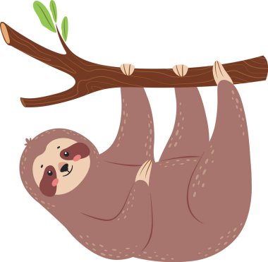 Bir ağaç dalından baş aşağı sarkan sevimli çizgi film tembel hayvanı yağmur ormanlarında huzurlu bir hayatın tadını çıkarıyor. Çocuk kitapları ve büyüleyici vahşi yaşam projeleri için ideal.