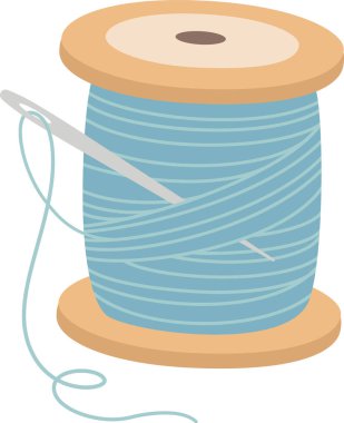Dikiş, terzilik ve dikiş işçiliğini temsil eden, beyaz arka planda izole edilmiş, ahşap bir makaraya yerleştirilmiş, açık mavi iplikle dikiş iğnesi.