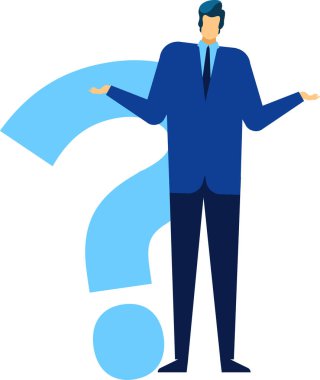 Takım elbiseli bir işadamı arkasında büyük bir soru işareti ile omuz silkiyor. Kafa karışıklığını, belirsizliği ve iş kararlarında cevap arayışını temsil ediyor.