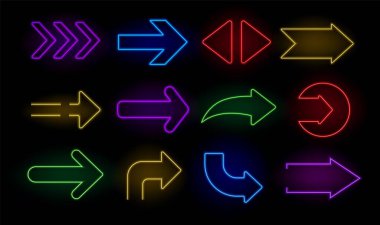 Neon yönlü oklar. Parlak ok işaretçisi, ışıklı elektrik sembolleri, yön gösteren neon tabelalar. Vektör ok simgeleri izole edildi.