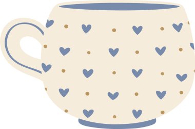 Güzel mavi kalpler ve noktalarla süslenmiş samimi ve romantik bej bardaklar Sevgililer Günü 'nde sıcak bir içeceğin keyfini çıkarmak için mükemmel bir ortam yaratıyor.