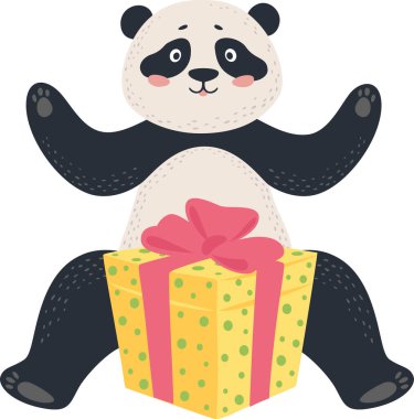 Sevimli panda pembe kurdeleli sarı bir hediye kutusuyla oturuyor, kollarını heyecanla kaldırıyor, özel bir olayı neşe ve minnettarlıkla kutluyor.