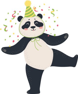 Şenlikli bir parti şapkası takan neşeli panda renkli konfetiler arasında neşeyle dans ediyor, kutlama ruhunu ve neşeli coşkuyu somutlaştırıyor.