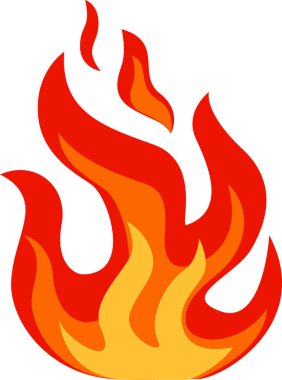 Çizgi film alevleri yükseliyor, parlak ve enerjik bir görüntü oluşturuyor, beyaz bir zemin üzerinde kırmızı ve turuncu renkler var, ısı, enerji ya da tutku kavramlarını temsil etmek için ideal.