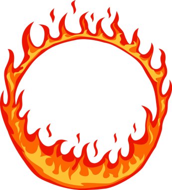 Karikatür gibi yanan ateş halkası, beyaz arka planda dairesel bir çerçeve oluşturuyor, ısı, enerji ve tutku ile ilgili tasarımlar için ideal.