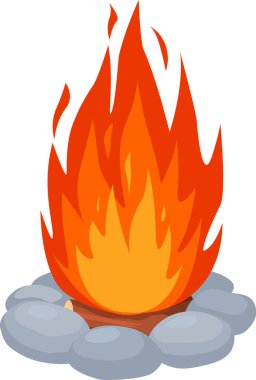 Beyaz arka planda yanan şenlik ateşi kayalarla çevrili, kamp, keşif ve açık hava aktiviteleri için mükemmel bir illüstrasyon.