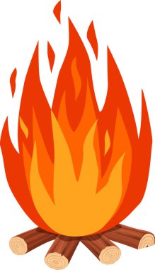 Beyaz arka planda parlak alevlerle yanan şenlik ateşi, yıldız şeklinde düzenlenmiş kütükler, kamp yapmak ve yemek pişirmek gibi açık hava aktiviteleri için mükemmel.