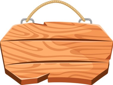 Beyaz arka planda izole edilmiş halat ve metal bağlayıcılarla asılı üç yatay tahtadan yapılmış tahta tabela metin veya grafik tasarımınızı bekliyor