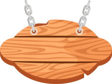 Yuvarlak kenarlı oval ahşap tabela beyaz zemin üzerindeki iki metal zincirden sarkıyor, metin veya grafikler için kırsal ve davetkar bir görüntü oluşturuyor
