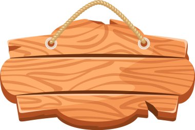 Wooden sign hanging from a rope features a blank space ideal for advertising, allowing for the addition of custom text or unique designs to suit various promotional needs clipart