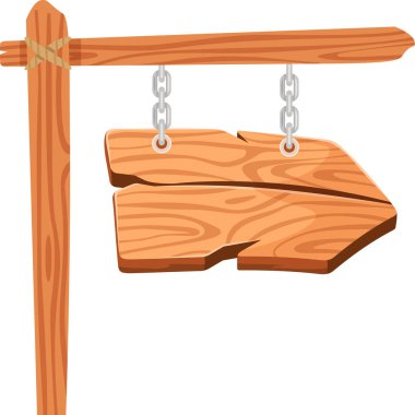 Geniş bir kopya alanı içeren tahta ok işareti, kırsal bir tahta direğin metal zincirlerinden sarkan, etrafına güzelce sarılmış bir ip, temiz beyaz bir arkaplan üzerine kurulmuş.