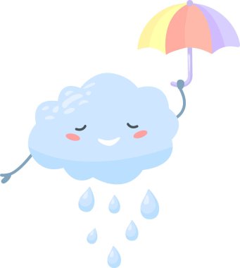 Neşeli, antropomorfik bir bulut şemsiye tutuyor, neşeyle yağmurun düşmesine neden oluyor, gökyüzünde neşe ve mutluluk dolu kaprisli ve neşeli bir sahne yaratıyor.