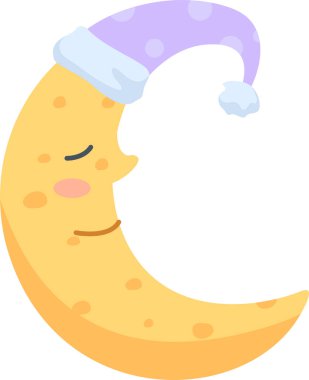 Hilal ay mor noktalı bir uyku şapkası takıyor, gözleri kapalı ve huzur ve huzur dolu bir ifadeye sahip.