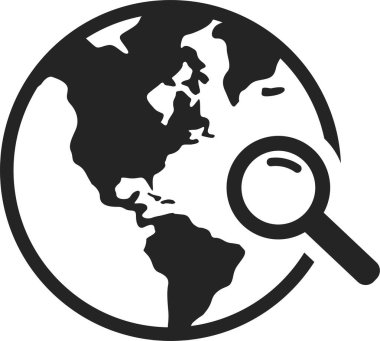 Dünya gezegenini inceleyen, küresel araştırma, keşif, analiz ve keşif gibi kavramları temsil eden bir büyüteçin minimalist vektör çizimi