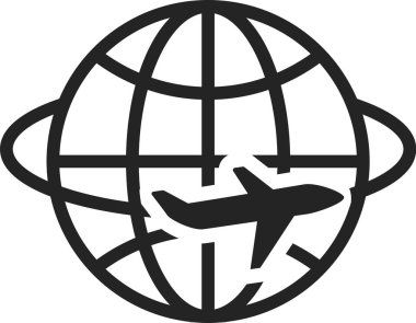 Dünya üzerinde uçan bir uçağın basit siyah-beyaz vektör ikonu, uluslararası seyahat, turizm ve küresel ulaşım gibi kavramları temsil ediyor.