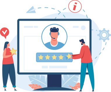 Müşteriler bir web sitesindeki mükemmel müşteri hizmetleri için beş yıldızlı geri bildirim veriyorlar, çevrimiçi teknik destek yardımlarını değerlendiriyorlar ve olumlu değerlendirme yapıyorlar