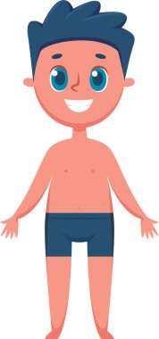 Mavi mayo giyen, kollarını açıp gülümseyen, beyaz arka planda çizgi film tarzında mutlu bir çocuğun tam boy çizimi.