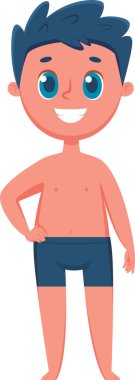 Mavi saçlı, mavi yüzme şortlu, tek eli kalçasında yüzmeye ya da plaj gününe hazır, geniş bir gülümsemeyle duran neşeli bir çocuğun uzun bir çizimi.