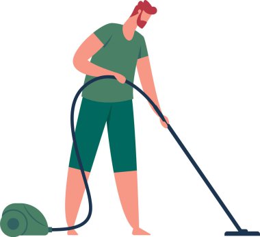 Kızıl saçlı adam evi özenle temizlerken, yerleri süpürürken ve modern ve düzenli bir yaşam alanında ev işlerini yaparken elektrikli süpürge kullanıyor.