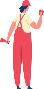 Kırmızı tulum giyen ve ön camını sprey şişeyle temizleyen kadın benzin istasyonu çalışanı. Arkadan görülüyor. Beyaz arka planda uzun bir portre.