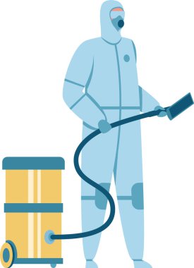 Açık mavi bir koruyucu giysi, koruyucu gözlük ve solunum cihazı takan temizlik görevlileri hortumla tekerlekli bir tanka bağlanmış dezenfeksiyon ya da sterilizasyon yapan dezenfektan tutuyorlar.