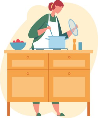 Ev hanımı önlük giyer, ocakta yemek pişirirken yemek pişirir. Bir kaşık ve kapak kullanarak, sıcacık bir mutfakta sağlıklı bir ev yemeği yapmak.