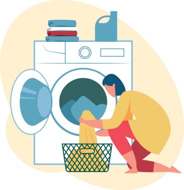 Ev hanımı çamaşır makinesinden temiz çamaşırları alıyor, çamaşır sepetine koyuyor, sıvı deterjan kullanıyor, ev işi yapıyor ve ev işleri yapıyor.