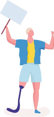 Protez bacaklı genç eylemci boş pankart tutuyor ve eşit haklar ve fırsatlar için protesto veya gösteri sırasında bir nedeni destekleyen yumruğunu kaldırıyor