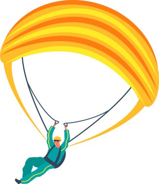 Skydiver wearing sunglasses and protective suit flying with yellow and orange parachute gliding through the air on a sunny day enjoying extreme sport activity clipart