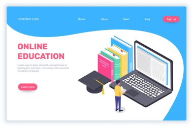 Çevrimiçi eğitim sayfasında öğrenci kitap okuyor, açık bir kitap ve mezuniyet şapkası olan dev bir dizüstü bilgisayarın yanında duruyor.