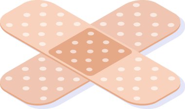 Beyaz noktalı bej renkli iki bandaj kesişiyor, beyaz arka planda X şeklinde bir şekil oluşturuyor, ilk yardım ve yara bakımını sembolize ediyor