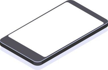 Boş beyaz ekranlı modern akıllı telefonun Isometric görünümü, cep telefonu uygulamaları veya web siteleri için mükemmel, ince gölgesi ve ince tasarımı ile