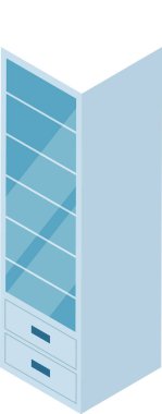 Cam rafları ve çekmeceli Isometric açık mavi vitrin modern mobilyaların depolanması ve sergilenmesi için odada duruyor.