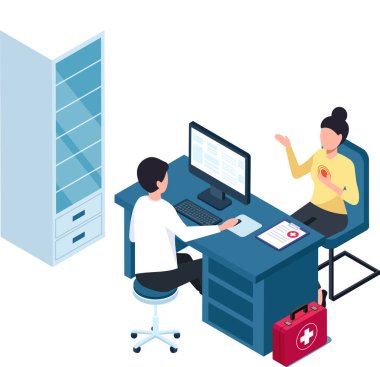 Doktor bir bilgisayarla masasında oturuyor ve bir kadın hastayı ilk yardım çantasıyla birlikte göğüs ağrısından bahsederken dinliyor.