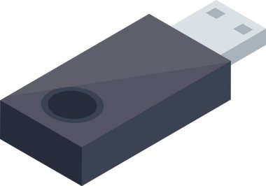 Anahtar halka deliğine sahip gri USB bellek, verileri saklamak ve aktarmak için kullanışlı, izometrik görünümde gösterilen, modern ve pratik bir resim oluşturur