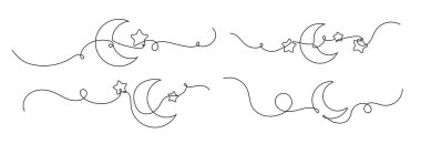 Devamlı hilal hattı. Bir çizginin Ay çizimi, Ramazan Kareem Arapça sembolü basit doğrusal tarzda. Uyku çizgisi işareti, yıldız vektör kümeli hilal.