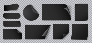 Realistic black stickers. Paper sticker of different shapes with shadow and folded edges, black price tags, blank sticky notes for memo. Vector isolated set. clipart