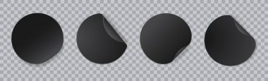 Yuvarlak siyah çıkartmalar. Katlanmış kenar siyah renkli gerçekçi kağıt daire etiketleri. Boş fiyat etiketi, indirimli yapışkan rozet 3D model. Vektör izole şablon seti.