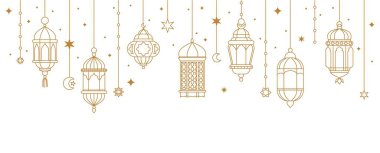 Ramazan Kareem Arap fenerleri. Kutlama kartı için geleneksel Müslüman fenerleri, lamba, hilal ve yıldızlı İslami altın oryantal çelenkler. Vektör arkaplanı.