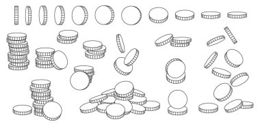 Bozuk paralar. El çizimi uçan ve dönen bozuk para. Yığınla bozuk para. Para nakit, yatırım ve bankacılık, iş kar simgeleri. Vektör izole doğrusal kümesi.